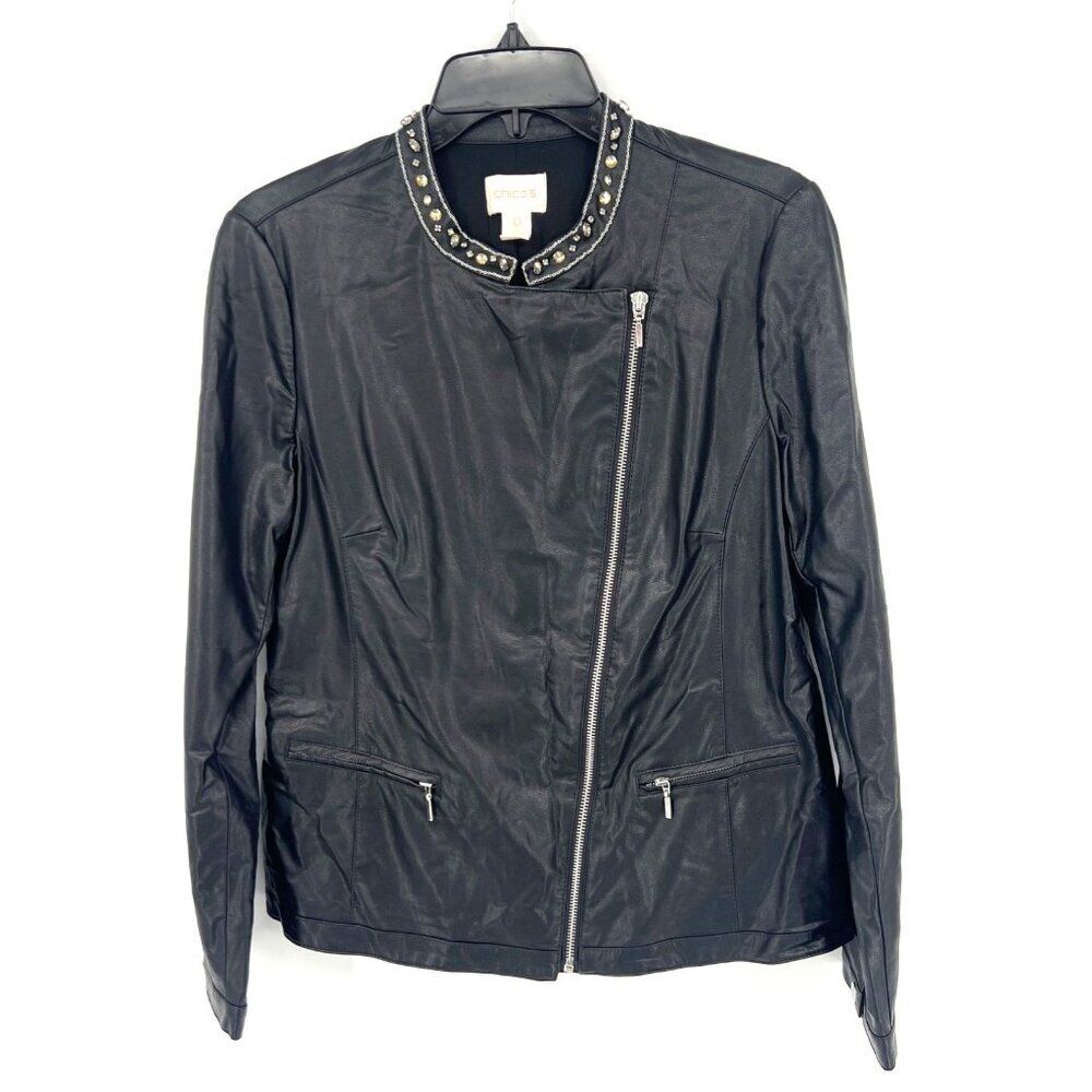 Chicos Womens Faux Leather Jacket Black Size 0 US Small